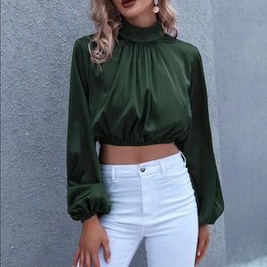Emerald Long Sleeve Satin Crop Top